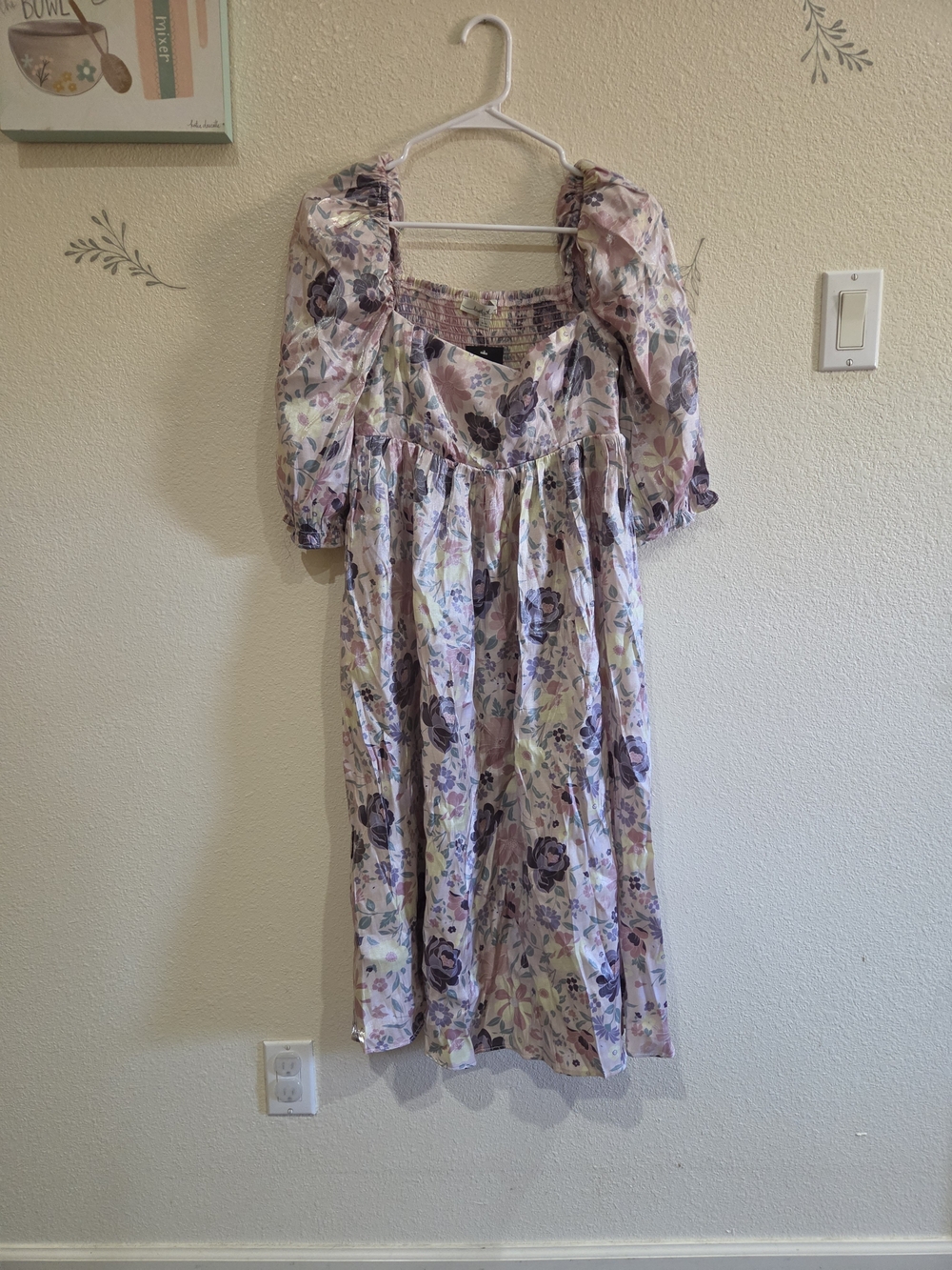 Lovely Day Pastel Floral Smocked Puff Sleeve Dress Size L